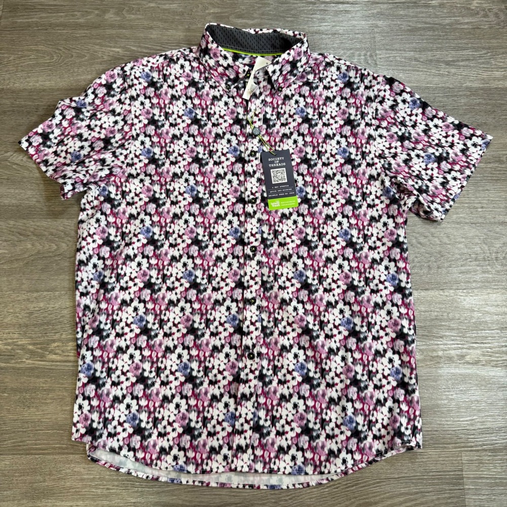 Society of Threads Mens Floral Button Down Shirt Purple Pink Stretch Large NEW